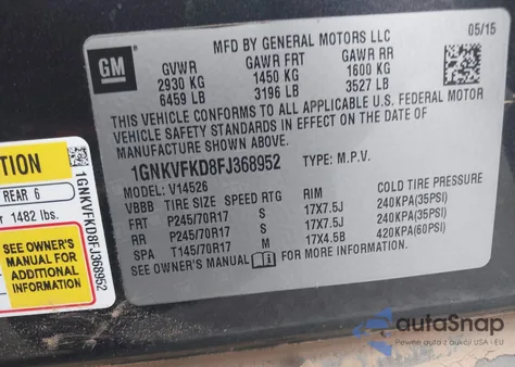 2015 Chevrolet Traverse Ls z USA, uszkodzony, nr VIN 1GNKVFKD8FJ368952